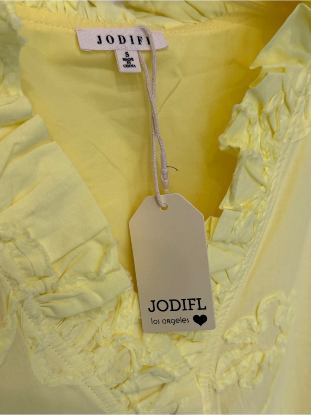 JODIFL Lemon Yellow Ruffle Neck Embroidered Button-Front Blouse - Picture 2 of 5